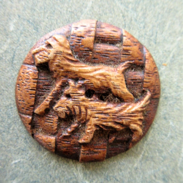 Vintage Button, Wooden Button, Carved Wooden Button, Dogs Button, Wooden Carving, Vintage Sewing Supply, Scottie Dog Button, Large Button