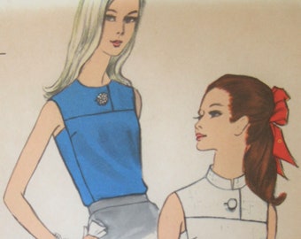 1960s Vogue Blouse Pattern, Vintage Vogue 7101 Sewing Pattern, Bust 32, Sleeveless Top Pattern, Neckline Variations, Nehru Collar Top