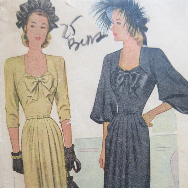 Vintage McCall 6632 Sewing Pattern, 1940s Dress Pattern, Bust 38, Full Sleeves, 1940s Sewing Pattern, Sleeve Variations, Bow Neckline