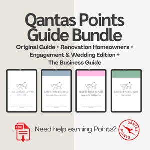 Pode incluir: Um pacote de guias digitais intitulado "Qantas Points Guide Bundle" com quatro edições diferentes: Original, Renovation Homeowners, Engagement & Wedding e Business. Cada guia é exibido em um tablet com fundo branco e um logotipo de mapa-múndi.