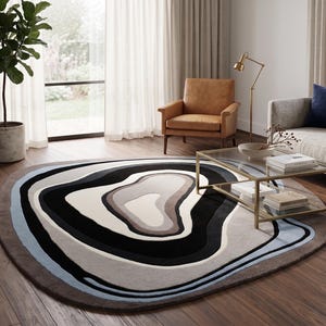 Hand Tufted Wool Rug, Black White Abstract Area Rug, Modern Organic Shape Carpet, Luxury Living Room Rug, Contemporary Bedroom Decor