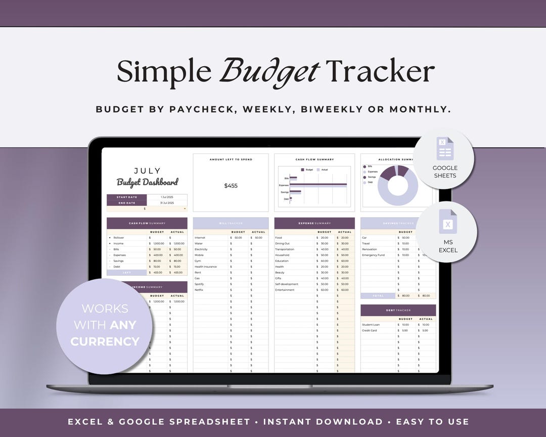 Simple Budget Google Sheets Monthly Budget Spreadsheet Weekly Paycheck ...