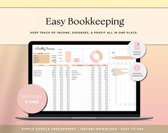 Easy Bookkeeping Template Small Business Spreadsheet Income Expense Tracker Accounting Spreadsheet Google Sheets Profit and Loss