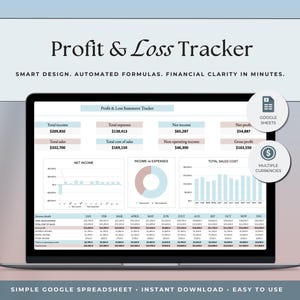 Hoja de cálculo de pérdidas y ganancias, plantilla PL para Google Sheets y Excel, seguimiento de ingresos y gastos, calculadora de ganancias anuales, contabilidad sencilla