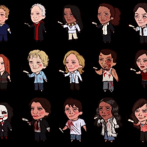 Könnte beinhalten: Eine Sammlung von Cartoon-Illustrationen von Charakteren, die jeweils ein kleines Messer halten. Die Charaktere werden mit unterschiedlichen Hauttönen, Haarfarben und Kleidungsstilen vor einem schwarzen Hintergrund dargestellt. Das Gesamtthema deutet auf ein Horror- oder Thriller-Genre hin.