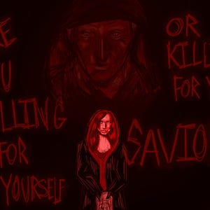 Könnte beinhalten: Digitale Illustration in Rot auf schwarzem Hintergrund. Das Bild zeigt ein Porträt einer Person oben und einer Person unten. Der Text lautet: „TÖTEST DU FÜR DICH SELBST ODER TÖTEST DU FÜR DEINEN RETTER?“