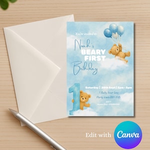 Beary First Birthday Invitation, Bear themed party, 1st Birthday Party Invite, Teddy Bear Birthday Party, Blue Themed