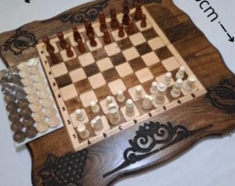 Set di scacchi e dama in legno realizzato a mano con tavola intagliata a forma di melograno e uva Gi