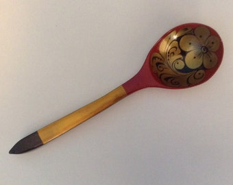 Vintage, Russian Spoon, Khokhloma, Lacquerware, Hand Painted, Folk Art, Lacquer, Lacquer Ware