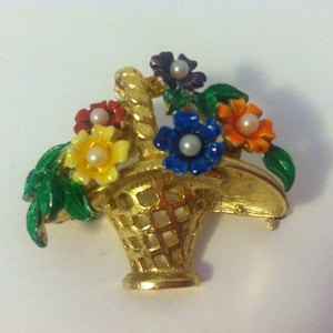 Vintage St. Labre Basket of Flowers Brooch, Pin, Enamel, Signed