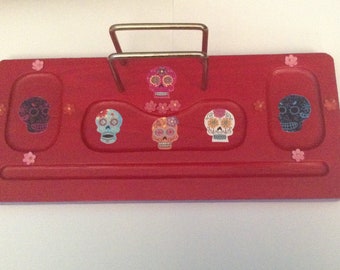 Vintage Valet, Vanity Tray, Display, Upcycled in Red, Shabby Chic, beaders, crafters, Dia de Los Muertos