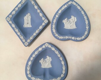 Vintage, Wedgwood, Jasperware, Blue, Trinket Dishes, Set of 3, signed