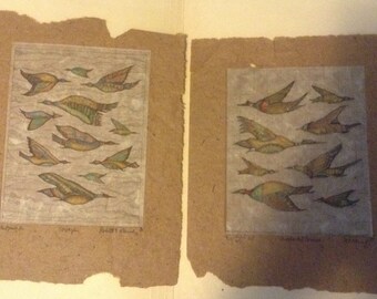 Chine Colle, 2 etchings, birds, signed