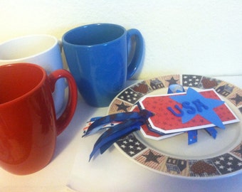 4th of July party supplies, mugs, plates, gift tags, Americana, Red, White & Blue, Patriotic