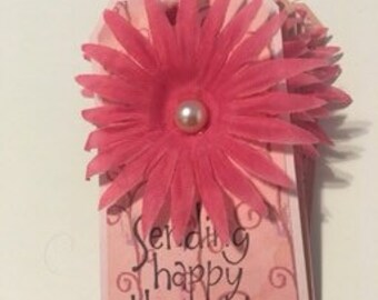 Gift Tags, Sending Happy Thoughts, Set of 6, Hang Tags, silk flower, pink