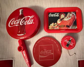 Vintage Coca Cola Collectibles, Round Tin, Tray, Kazoo, Jar Opener, YoYo, Lot of 5