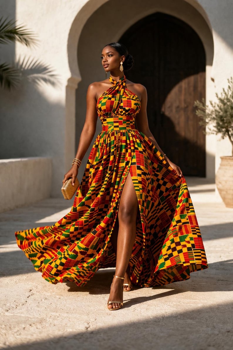 May include: A floor-length halter neck dress featuring a vibrant geometric pattern in red, yellow, green, and black. The dress has a fitted bodice, a defined waistline, and a full, flowing skirt with a high front slit that reveals the leg.