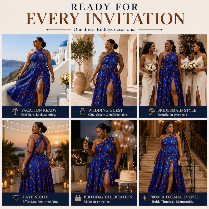 May include: A blue floor-length dress with an orange leaf pattern, featuring a high side slit, a one-shoulder or halter neckline, and a full skirt. The image includes text: READY FOR EVERY INVITATION, One dress. Endless occasions, and various event labels.
