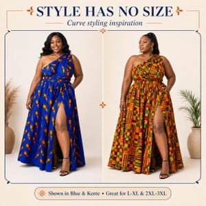 May include: Two one-shoulder maxi dresses with a high leg slit. The left dress is blue with orange teardrop patterns. The right dress features a multi-colored geometric Kente print. Text reads: STYLE HAS NO SIZE, Curve styling inspiration.