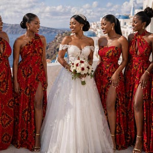May include: A group of six individuals in formal attire. One individual wears a white off-the-shoulder wedding dress with lace details. Five individuals wear matching floor-length red dresses with a dark circular pattern and high leg slits.