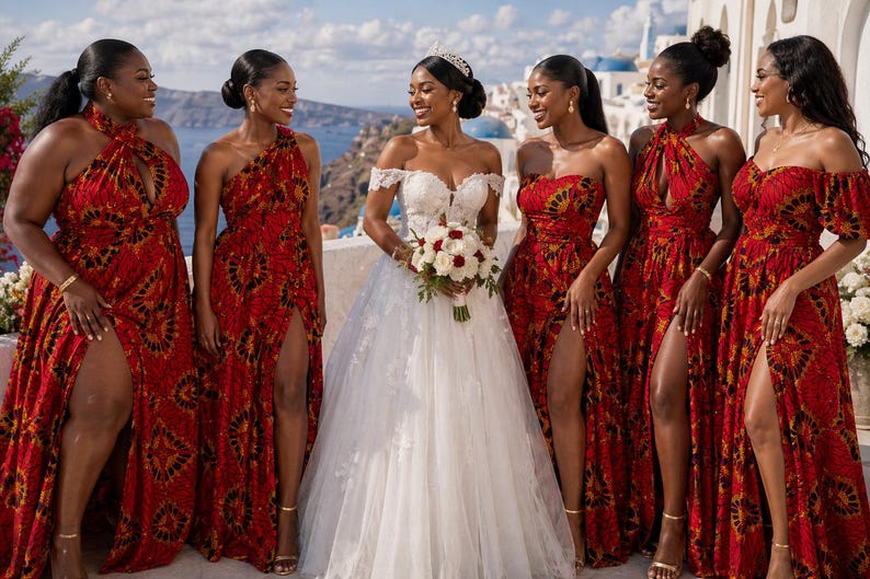 May include: A group of six individuals in formal attire. One individual wears a white off-the-shoulder wedding dress with lace details. Five individuals wear matching floor-length red dresses with a dark circular pattern and high leg slits.