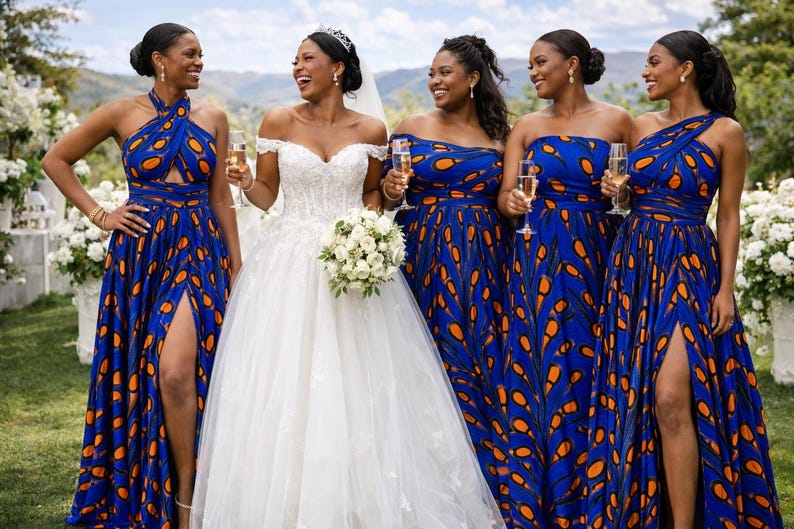 May include: A white off-the-shoulder wedding dress with a lace bodice and full skirt, alongside four matching floor-length bridesmaid dresses in a vibrant blue and orange teardrop pattern, featuring high leg slits and varied necklines.