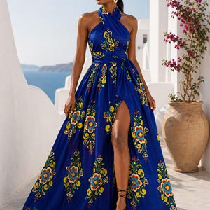 Blue Ankara Print Infinity Maxi Dress with Adjustable Zip Slit – African Wax Print Multiway Dress for Women, African dress, ELLA FLORAL