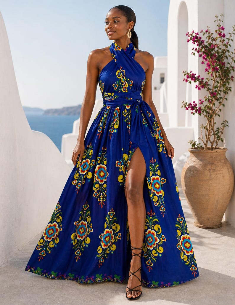 Blue Ankara Print Infinity Maxi Dress with Adjustable Zip Slit – African Wax Print Multiway Dress for Women, African dress, ELLA FLORAL