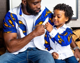 African Print Shirt for Little Boys | Ankara Shirt for Boys | Blue Orange Afrocentric Style Dress Shirt | African Print Toddler Outfit