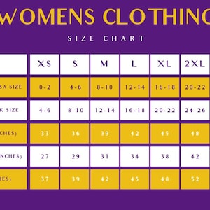 May include: A purple and gold size chart for clothing with the text WOMENS CLOTHING SIZE CHART. The table lists sizes from XS to 3XL, including USA and UK size conversions, and measurements in inches for bust, waist, and hip for each size category.