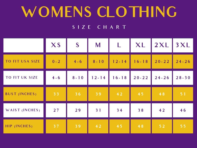 May include: A purple and gold size chart for clothing with the text WOMENS CLOTHING SIZE CHART. The table lists sizes from XS to 3XL, including USA and UK size conversions, and measurements in inches for bust, waist, and hip for each size category.