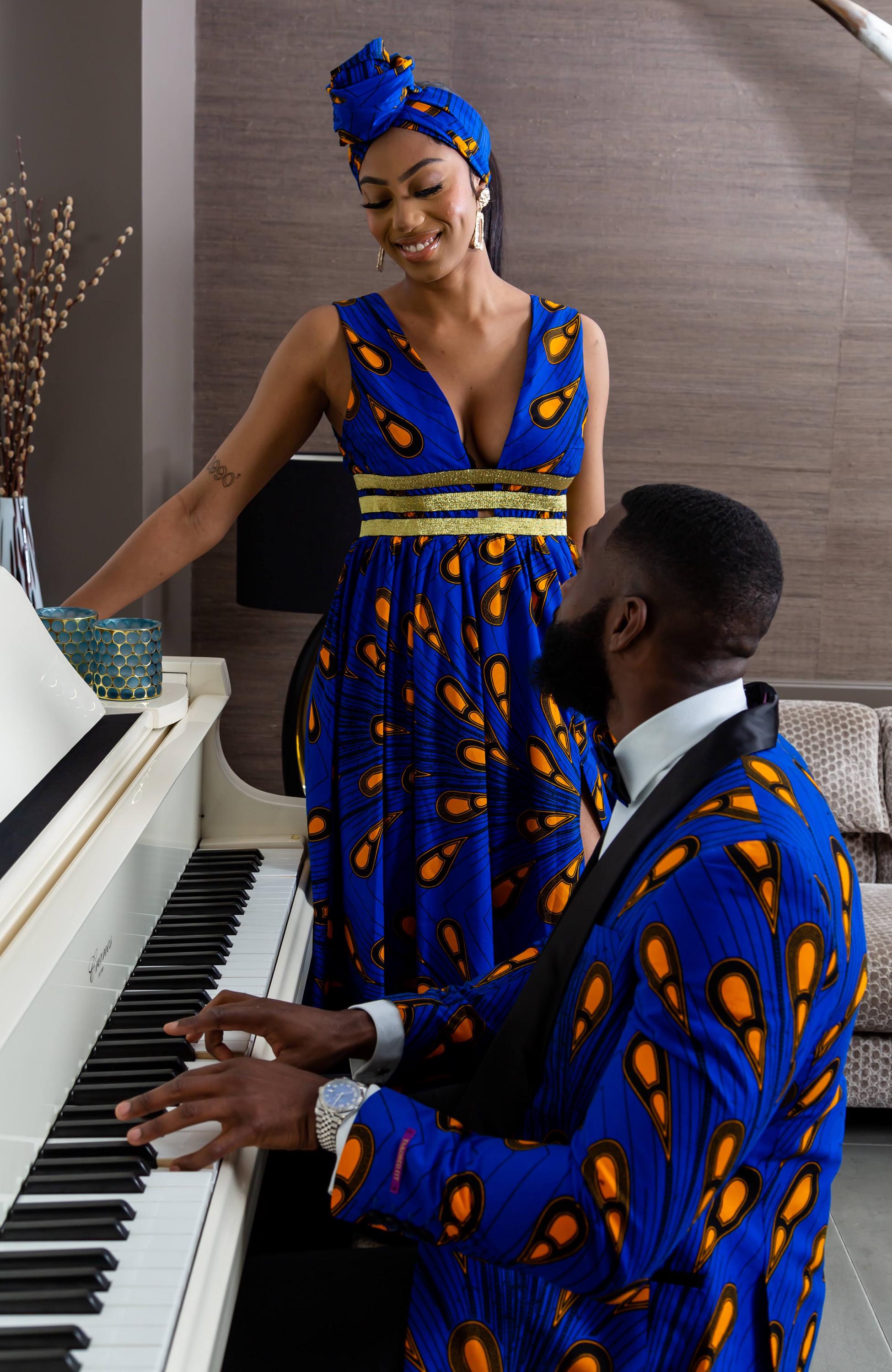 African Print Maxi Dress - Blue Orange Ankara Dress for Women - Deep V Neck - Adjustable Zip Slit - Pockets - SMALL to 3XL Sizes - ELLA