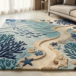 Puede incluir: Una alfombra rectangular con un diseño texturizado de temática oceánica que presenta una orilla de color beige arena, agua azul claro, arrecifes de coral azul oscuro y varios motivos en relieve de conchas y estrellas de mar.