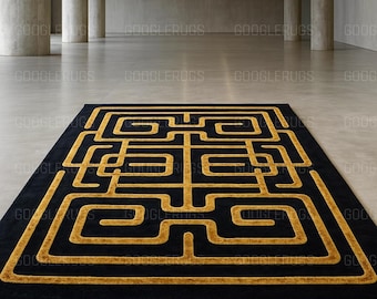 Black Gold Geometric Wool Rug | Hand Tufted Maze Carpet, Modern Living Room Decor