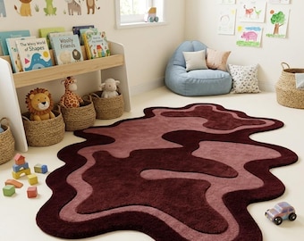 Hand Tufted Abstract Rug, Burgundy Kids Room Rug, Organic Shape Nursery Carpet, Playroom Floor Decor, Modern Statement Rug