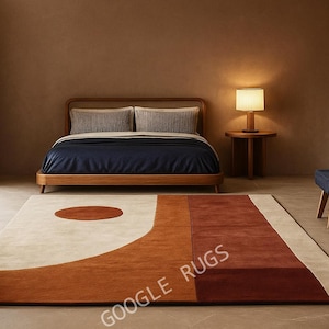 Modern Abstract Area Rug Mid Century Geometric Carpet in Terracotta, Rust  Beige   Earth Tone Bedroom Living Room Decor  Soft Minimalist Rug