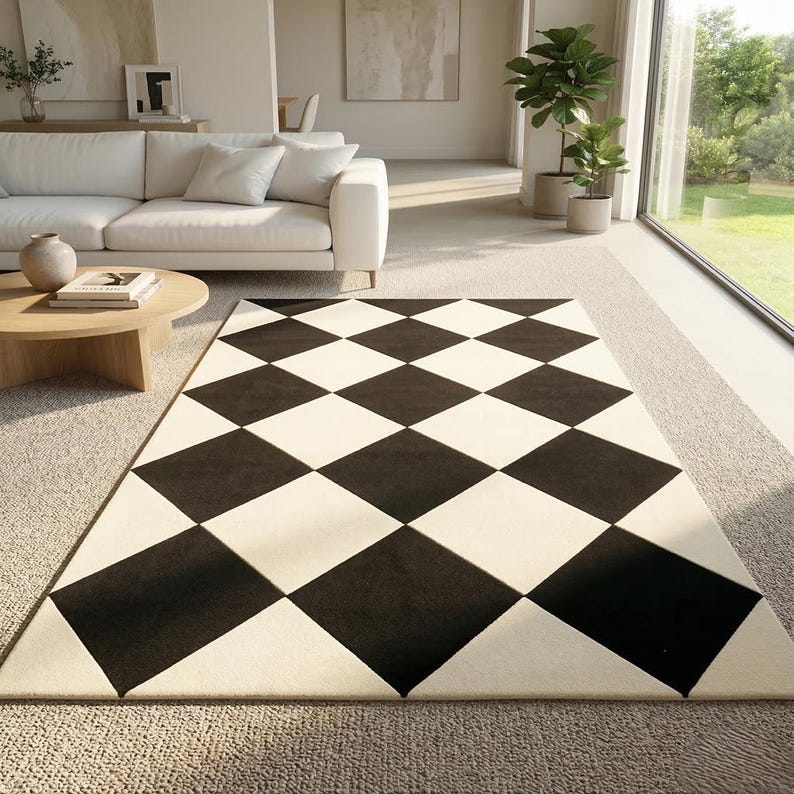 Diamond Patterned Rug Ruggable Hand Tufted Wool Rug, Black White Diamond Geometric Pattern ...