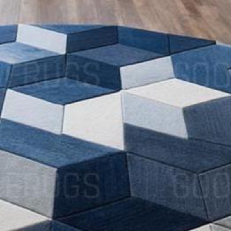 Blue Geometric Round Wool Rug, Hand Tufted 3D Cube Area Rug - Etsy
