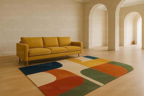 Geometric Color Block Rug – Mid Century Modern, Hand-Tufted Wool