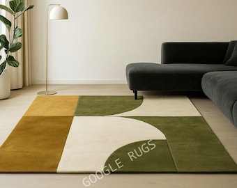 Modern Hand Tufted Wool Rug, Green Mustard Geometric Area Rug, Abstract Living Room Carpet