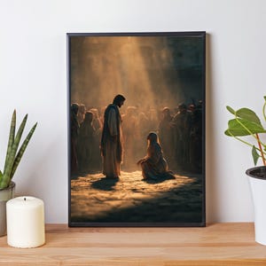 May include: Framed artwork depicting a biblical scene. A figure in a long robe stands before a kneeling person, with a crowd in the background. The artwork is illuminated by a beam of light, creating a dramatic effect. The color palette is warm, with tones of beige and brown.