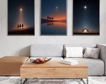 May include: Three framed art prints depicting a celestial theme. The first shows figures on horseback, the second camels, and the third a building, all under a bright star. The color palette includes dark blues, oranges, and a bright white light.