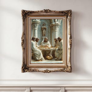 May include: A framed religious artwork depicting a scene with several figures gathered around a table. The artwork is in a detailed, classical style, with a warm color palette and ornate frame. The figures are dressed in robes, and the scene is set in a classical architectural setting.