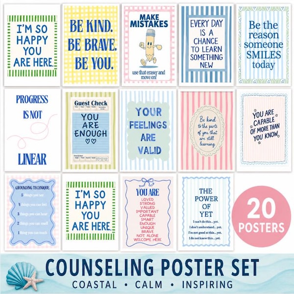 Counseling Poster Set 20 Coastal-Inspired Growth Mindset and Affirmation Prints | 18x24" Watercolor SEL Wall Art Therapy & Classroom Decor