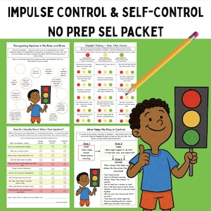 Puede incluir: Un paquete educativo verde titulado "IMPULSE CONTROL & SELF-CONTROL" con el texto "NO PREP SEL PACKET". La imagen incluye hojas de trabajo con gráficos de semáforos y un niño de dibujos animados sosteniendo un semáforo. También se ve un lápiz.