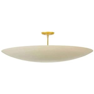 May include: Cream-coloured, oval-shaped ceiling light fixture with a gold-coloured stem and ceiling mount. The light has a minimalist design, suitable for modern interiors. The fixture is suspended from the ceiling.