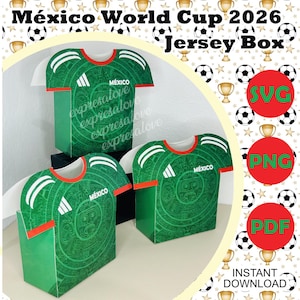 Puede incluir: Cajas verdes con forma de camiseta con detalles blancos y rojos, que muestran la palabra "MÉXICO" y un diseño de inspiración azteca. Las cajas son para la Copa Mundial de la FIFA 2026 en México. La imagen también incluye el texto "SVG", "PNG", "PDF" y "DESCARGA INSTANTÁNEA".