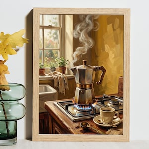 Italian Moka Pot Morning Coffee Print, Warm Kitchen Wall Art (Digital Download)