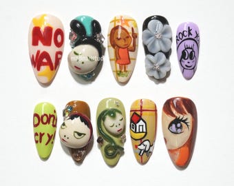 Unhas Kawaii Art Pop Press On, Unhas de Desenho Animado 3D, Arte de Anime Descolada, Unhas Pintadas à Mão, Conjunto de Unhas Arrojadas, Kawaii Japonês JT1K6