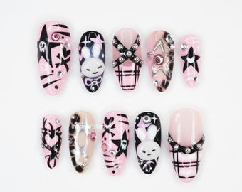 Gothic Kawaii Star Press On Nails, Pastel Goth Nails, Pink Black Nail Art, 3D Bunny Design, Edgy Cute Nails TVTD6